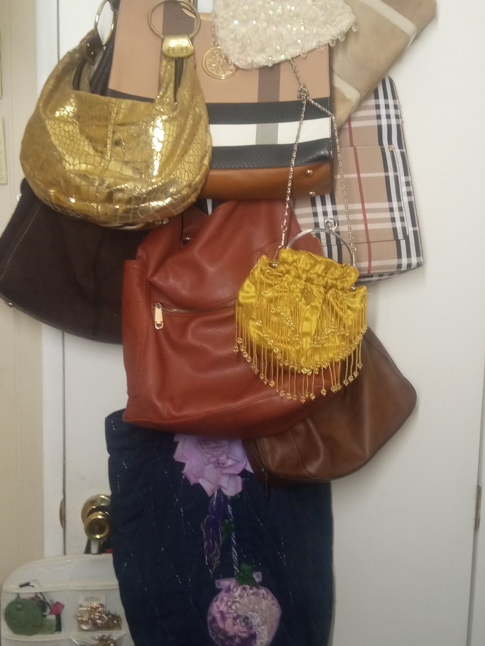 Purse Bundle plaid gold brown auburn purple beaded & handmade